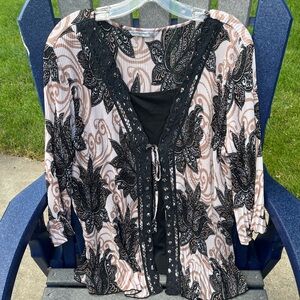 2X Tan Brown Black Pleated Print Lace Trim Long Sleeve Top w/Ties & Tank…